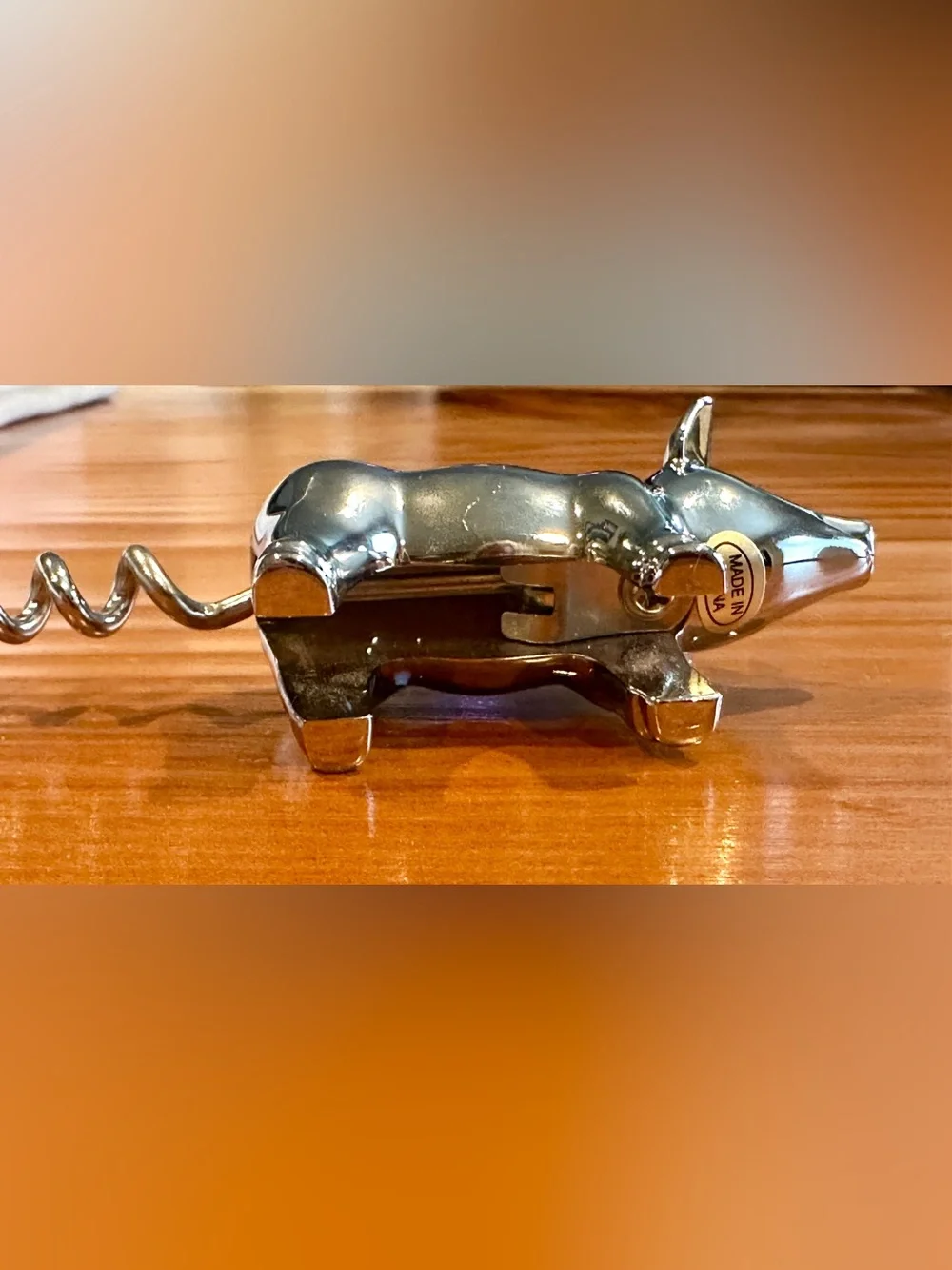 Chrome Silver Metal Figural Pig Wine Bottle Opener Tail Corkscrew Barware - Cute